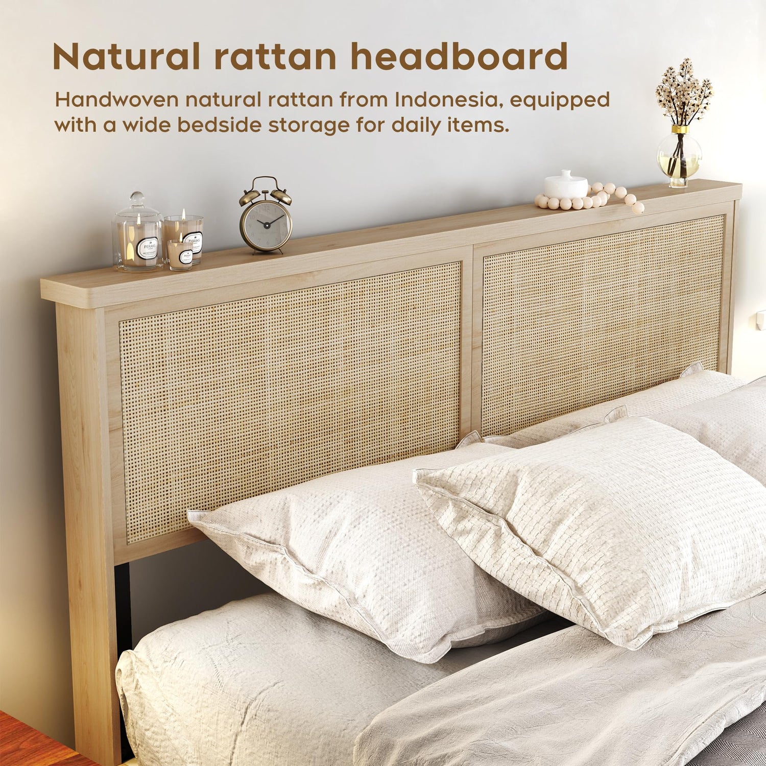 Brafab Natural Rattan Queen Bed Frame with Wooden Headboard & 4 Storage Drawers Brafab