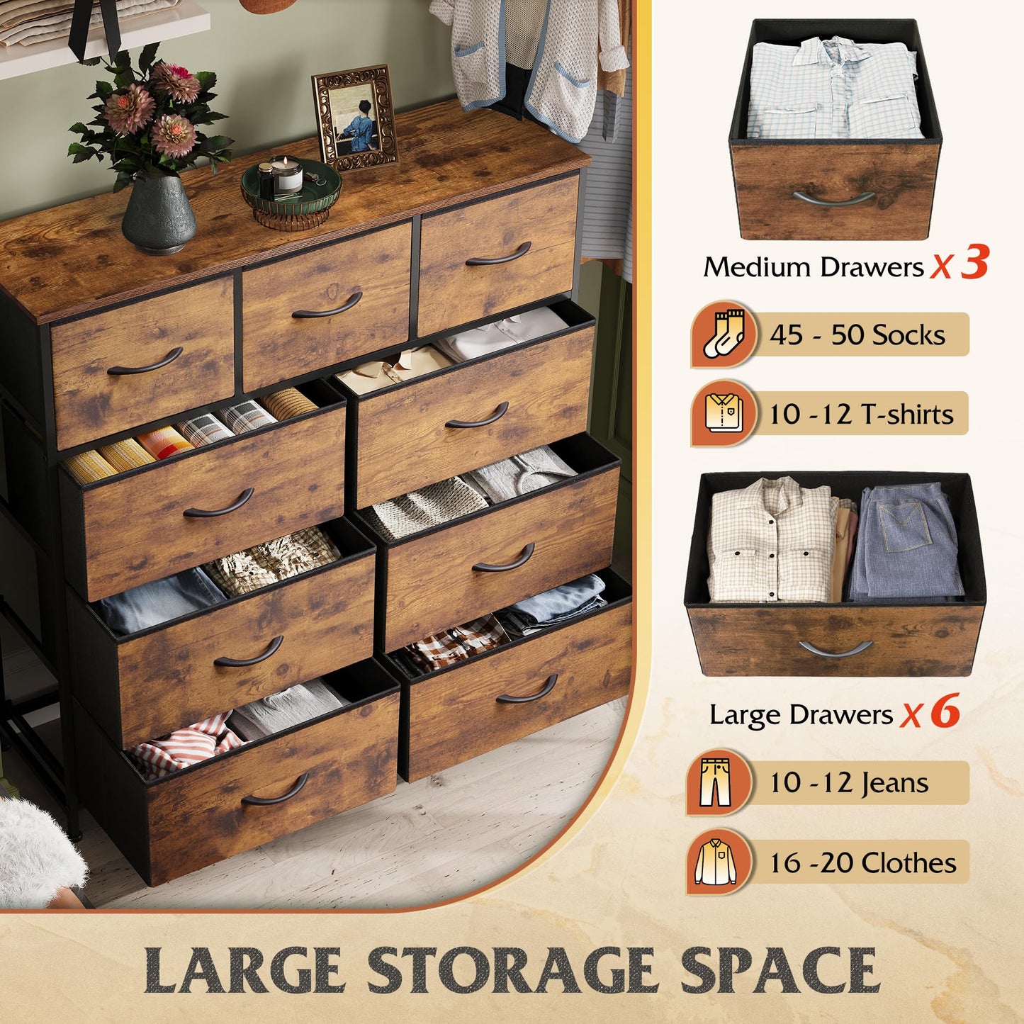 WLIVE 9-Drawer Dresser, Fabric Storage Tower for Bedroom, Hallway, Closet, Tall Chest Organizer Unit with Fabric Bins, Steel Frame, Wood Top, Easy