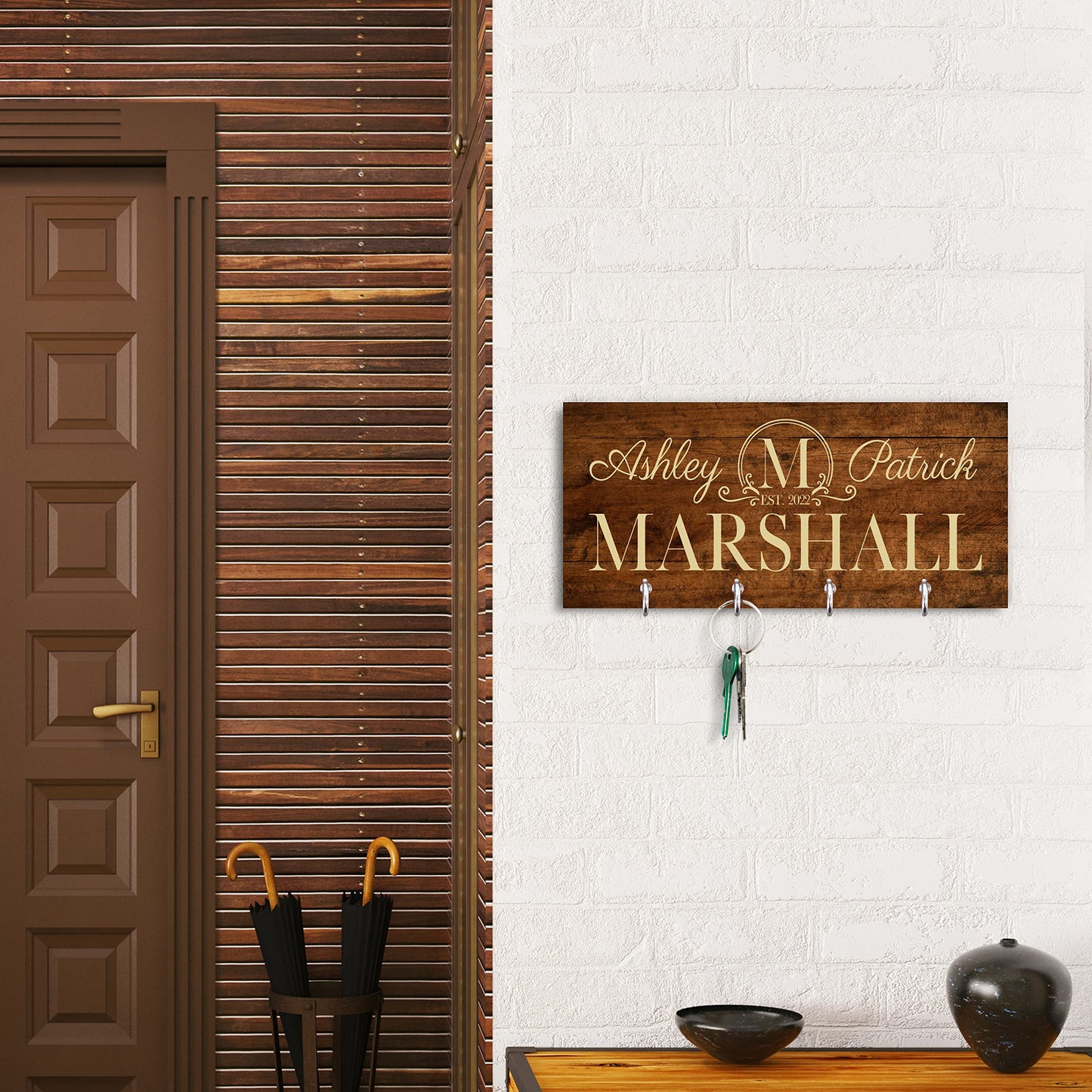 Personalized Key Holder for Wall - Custom Key Hanger with Family Name | 12 Designs, 8 Background Options | House Warming Presents for New Home, - WoodArtSupply