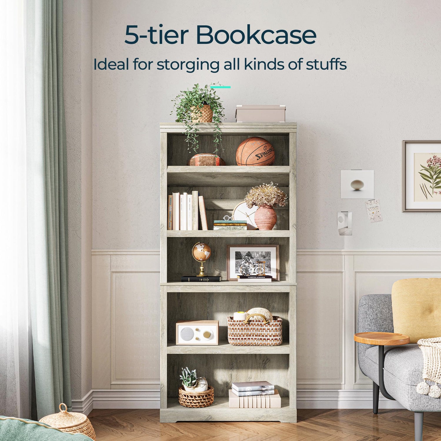 LINSY HOME 5-Tier Adjustable Bookshelf in Light Brown - Chic Floor Standing Storage for Home and Office LINSY HOME