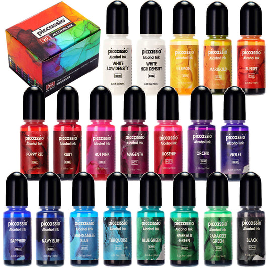 Piccassio Alcohol Ink Set - 20 Vibrant Alcohol Inks - Acid-Free,Fast-Drying and Permanent Inks-Versatile Alcohol Ink for Epoxy Resin, Fluid Art