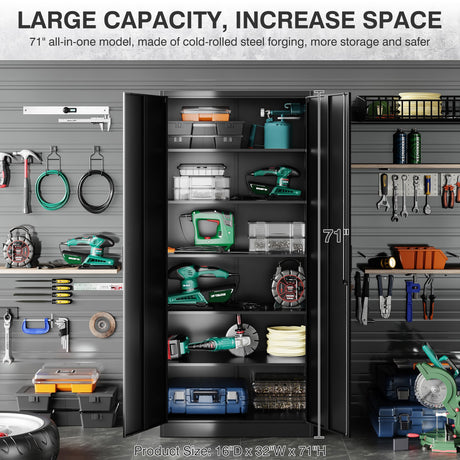 Metal Garage Storage Cabinet with 2 Doors and 5 Adjustable Shelves 71" Pantry Cabinet Utility Storage Cabinet Locking Steel Storage Cabinet Utility SISESOL