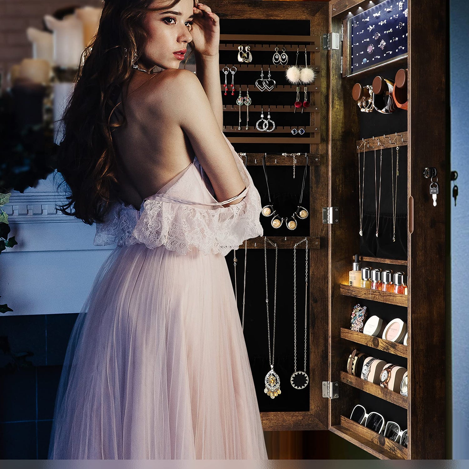 Nicetree 6 LEDs Mirror Jewelry Cabinet with 3 Improvements, 4.2" D Door/Wall Mounted Jewelry Armoire with Full Length Mirror, Larger Capacity, Nicetree