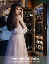 Nicetree 6 LEDs Mirror Jewelry Cabinet with 3 Improvements, 4.2" D Door/Wall Mounted Jewelry Armoire with Full Length Mirror, Larger Capacity, Nicetree