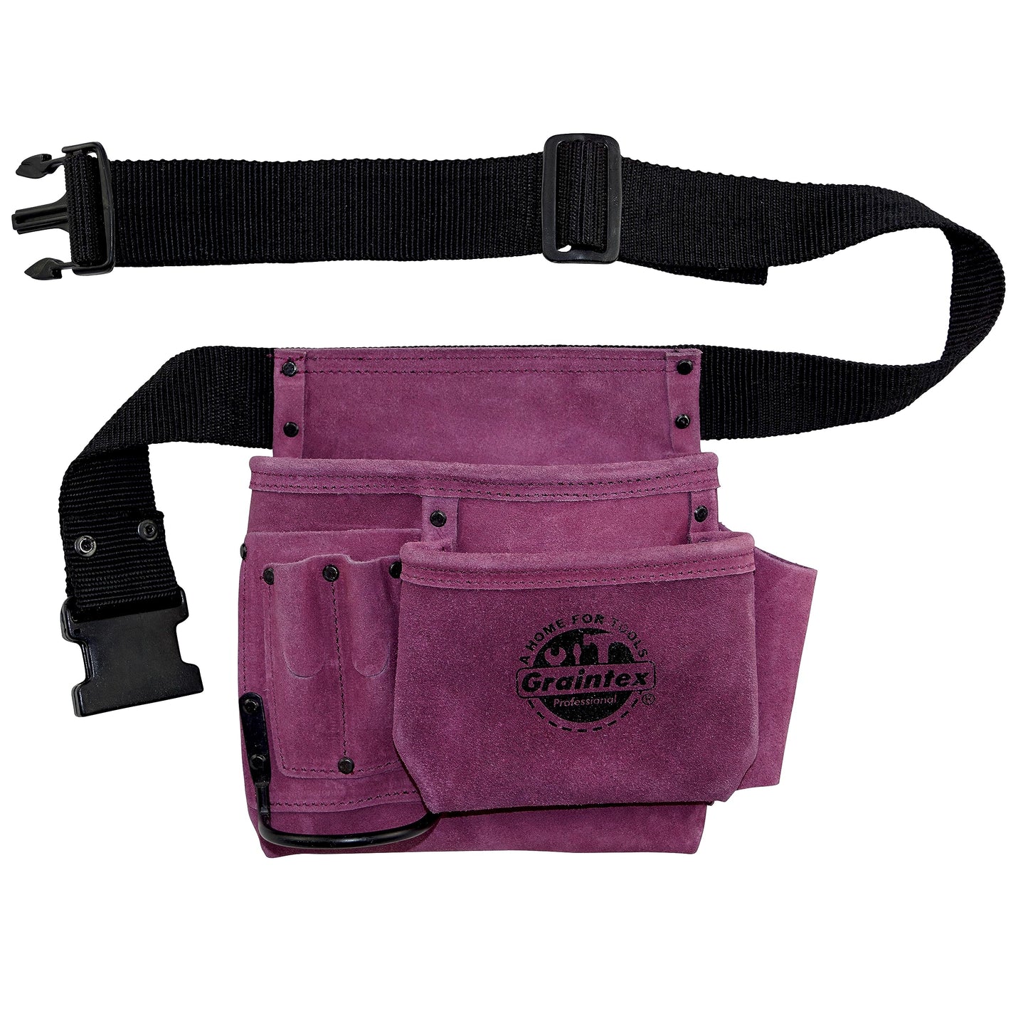 Graintex SS2293 5 Pocket Nail & Tool Pouch Purple Color Suede Leather with 2” Webbing Belt for Constructors, Electricians, Plumbers, Handymen - WoodArtSupply