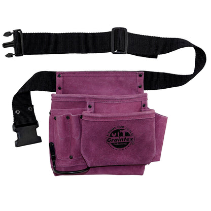 Graintex SS2293 5 Pocket Nail & Tool Pouch Purple Color Suede Leather with 2” Webbing Belt for Constructors, Electricians, Plumbers, Handymen - WoodArtSupply