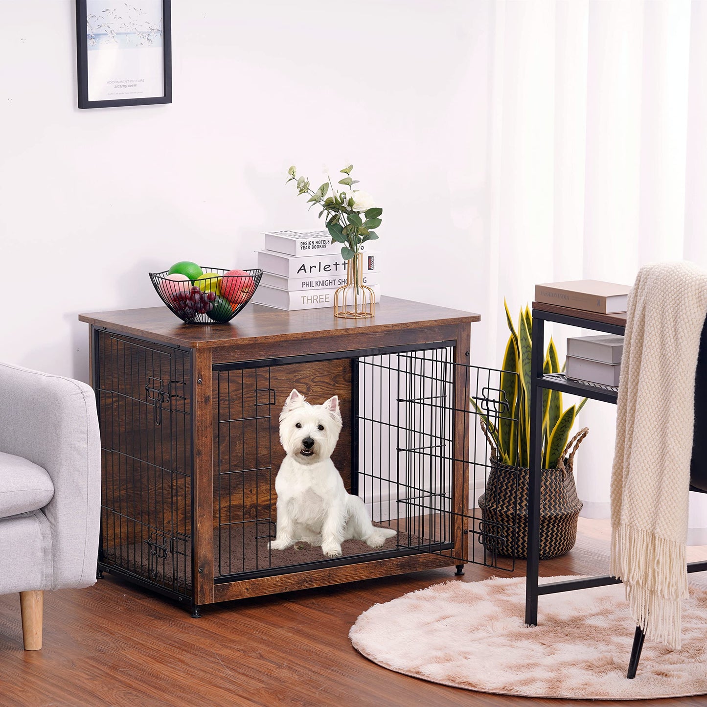 DWANTON Dog Crate Furniture with Cushion, Wooden Crate Table, Double-Doors Furniture, Kennel Indoor for Small/Medium/Large Dog, Dog House/Cage, 27.2" - WoodArtSupply