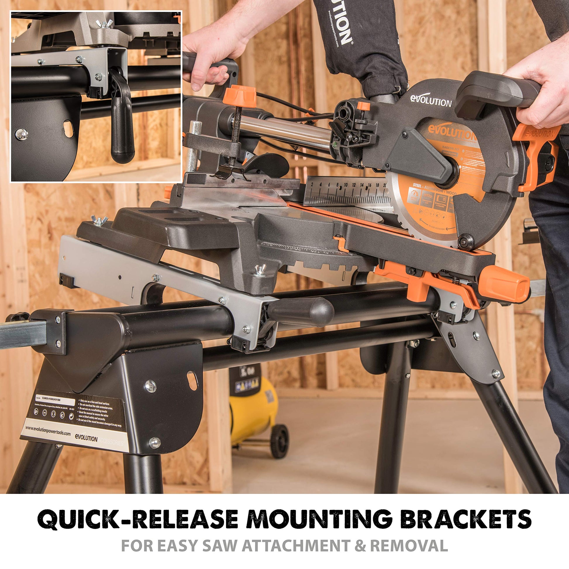 Evolution Power Tools EVOMS1 Miter Saw Stand Compact & Folding, Universal Fits Most Brands, Quick Release Mounting Brackets, Rollers, End Stops for - WoodArtSupply