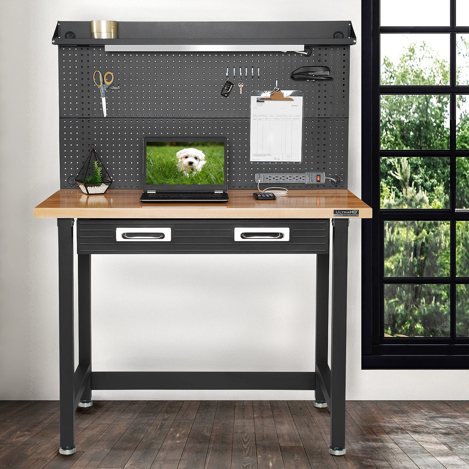 Seville Classics UltraHD Heavy Duty Commercial Lighted Workcenter w/Pegboard, 500 lbs. Weight Capacity for Garage, Warehouse, Workshop, Solid Wood Seville Classics