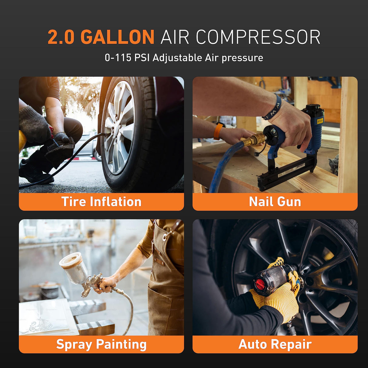 WALNUT CANYON 2 Gallon Air Compressor, 1.8 SCFM@90 PSI Air Compressor Portable, 1.1 HP Oil-Free Small Air Compressor Max 150 PSI, 70 dB Quiet Air WALNUT CANYON