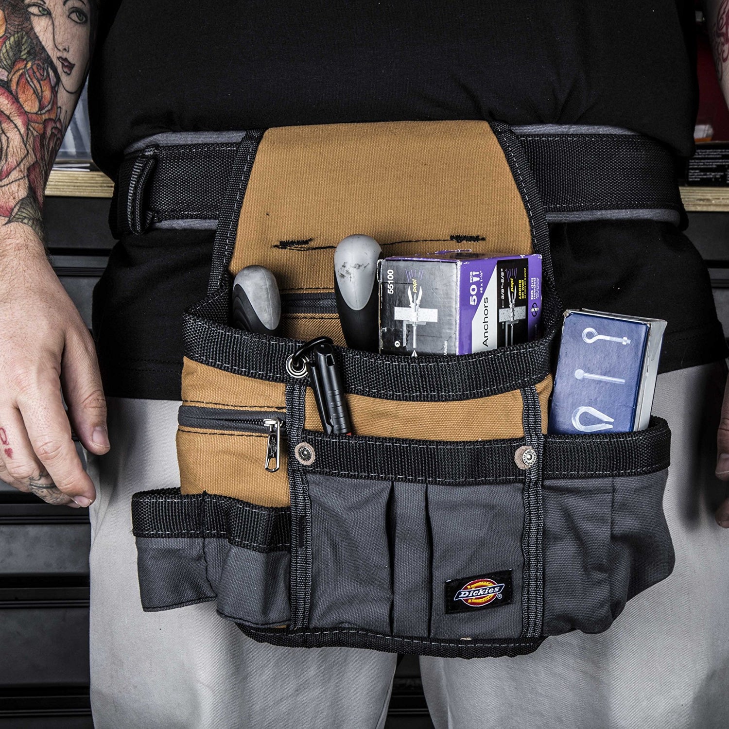 Dickies 8-Pocket Padded Tool Belt/Utility Pouch, Adjustable 3-Inch Belt, Durable Canvas Construction, Tan/Grey Dickies