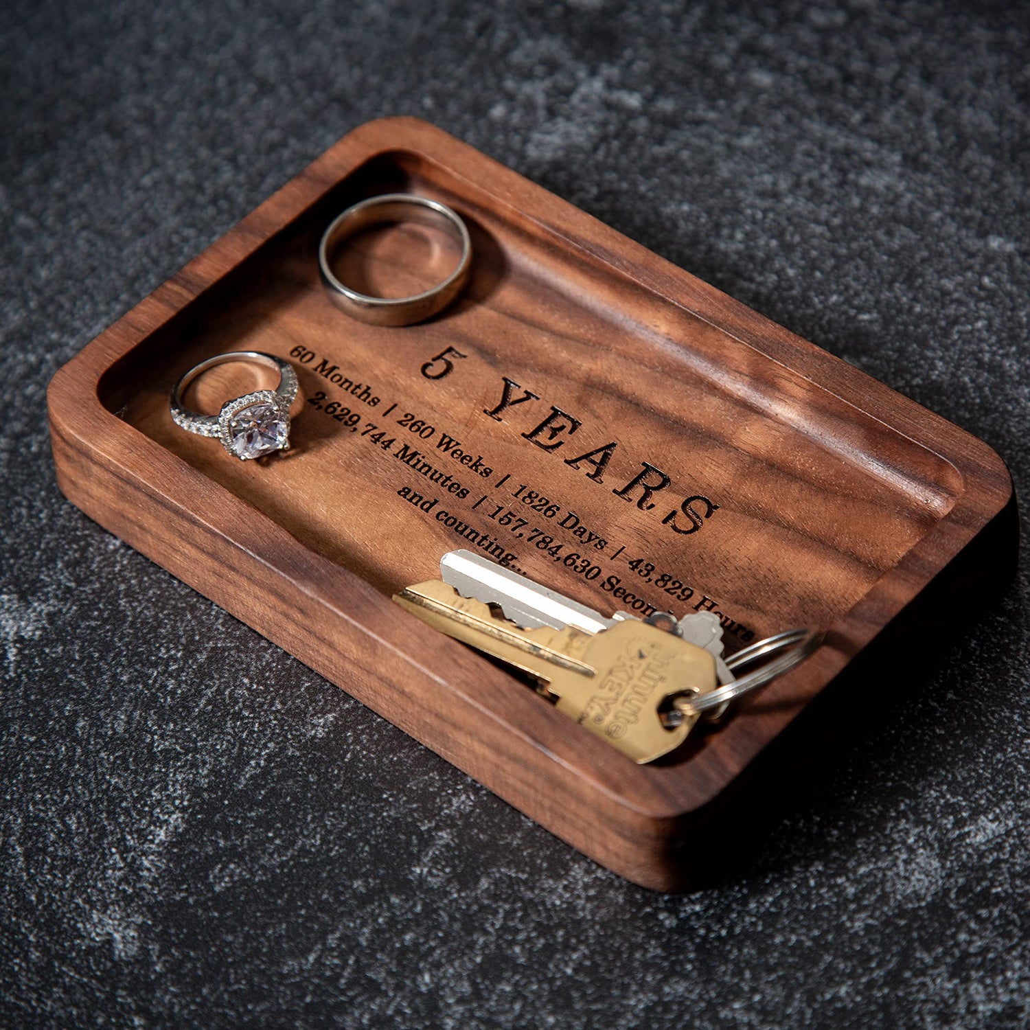 MUUJEE Ring Dish - Engraved Rectangle Wood Tray Small Jewelry Dish 5 Year Wedding Anniv Gifts Ideas - 5.5" x 3.5" (5 Years) MUUJEE
