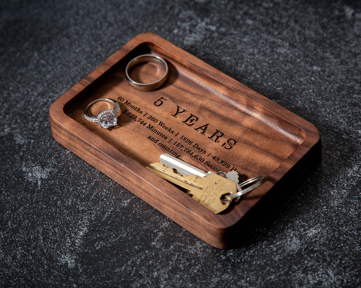 MUUJEE Ring Dish - Engraved Rectangle Wood Tray Small Jewelry Dish 5 Year Wedding Anniv Gifts Ideas - 5.5" x 3.5" (5 Years) MUUJEE
