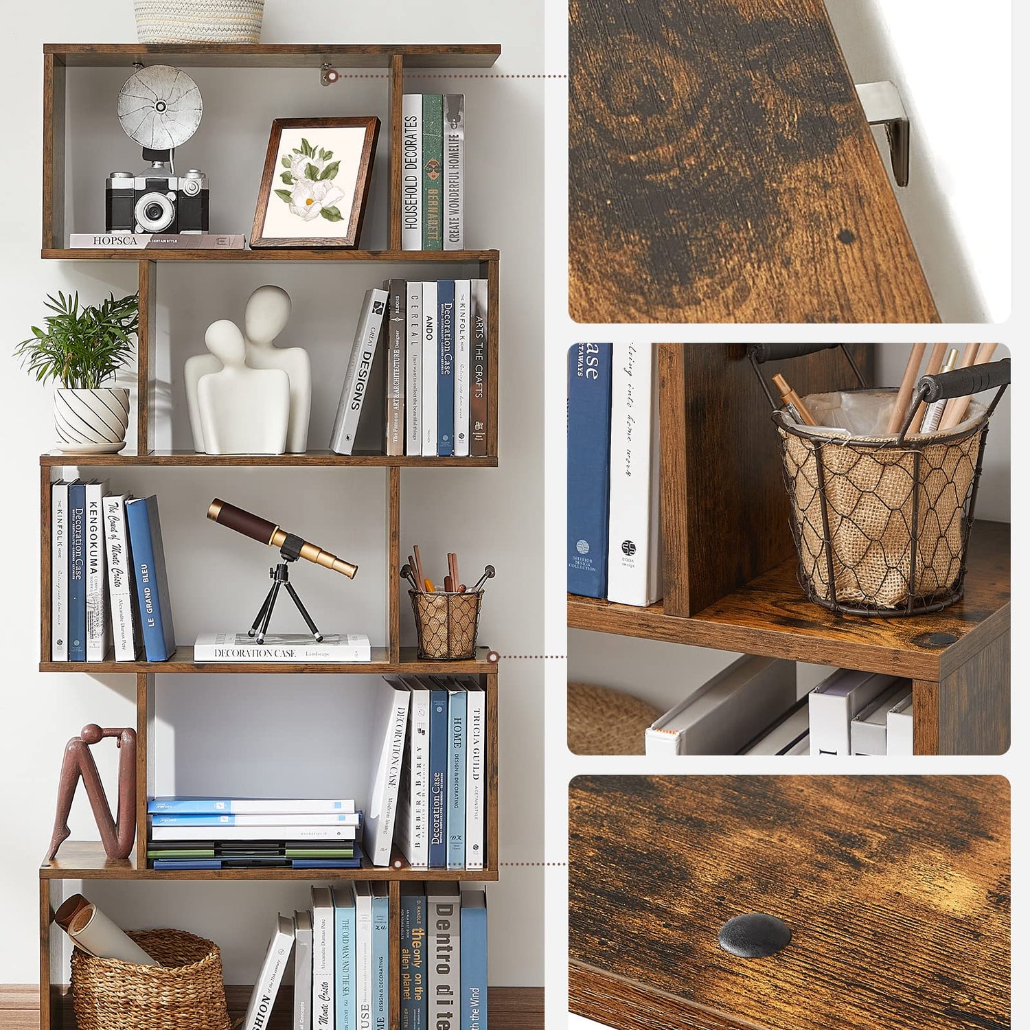 VASAGLE Rustic Brown 5-Tier Bookshelf and Room Divider with Sturdy Design VASAGLE