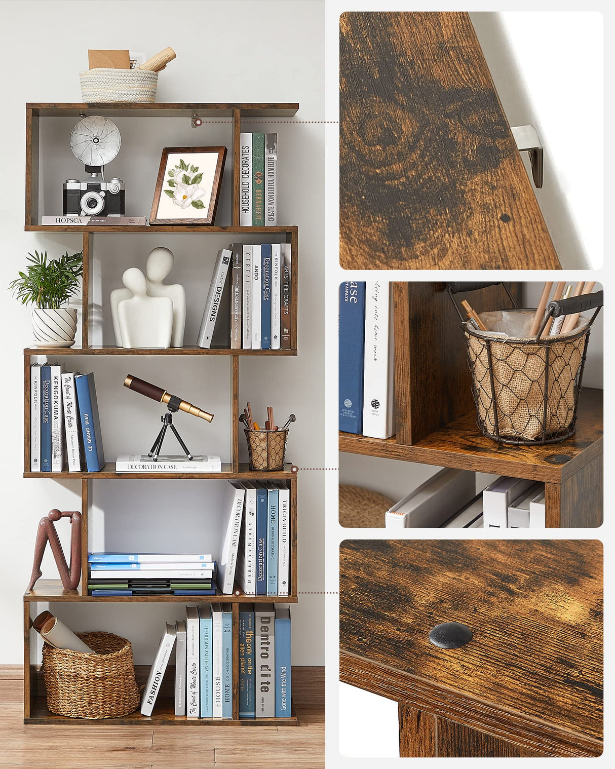 VASAGLE Rustic Brown 5-Tier Bookshelf and Room Divider with Sturdy Design VASAGLE