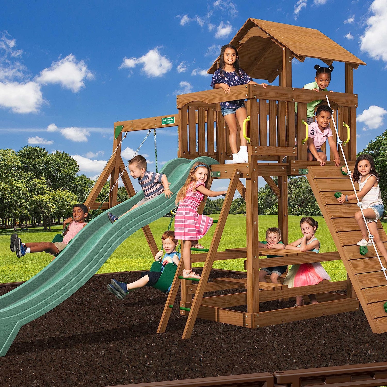 Creative Playthings Spring Hill Wooden Swing Set (Made in The USA), Includes Kids Climbing Wall, Playground Swings and Slide, 15 x 14 x 11 ft Creative Playthings LTD.
