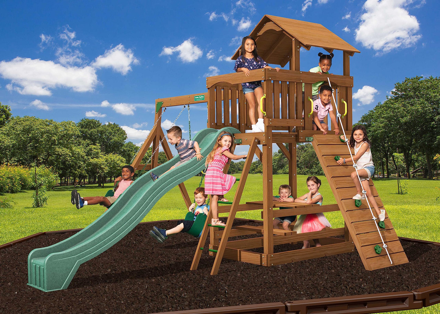 Creative Playthings Spring Hill Wooden Swing Set (Made in The USA), Includes Kids Climbing Wall, Playground Swings and Slide, 15 x 14 x 11 ft