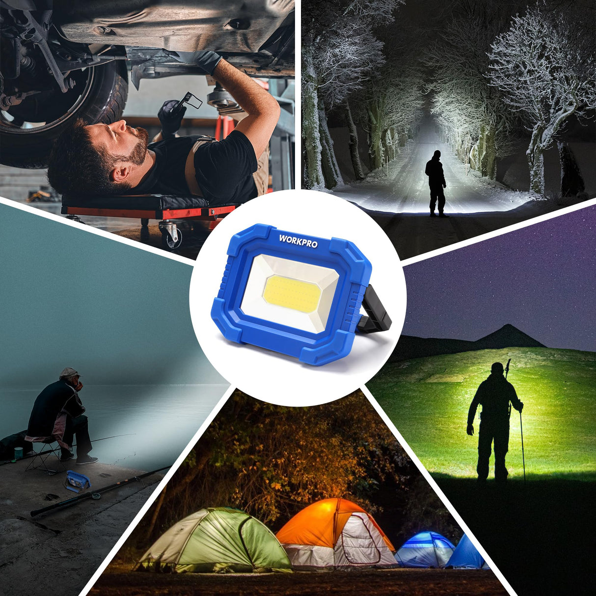 WORKPRO LED Work Light, Rechargeable Magnetic Work Lights with Stand, Portable, Waterproof, 2000LM COB Flood Light for Camping, Fishing, Car Repair, WORKPRO