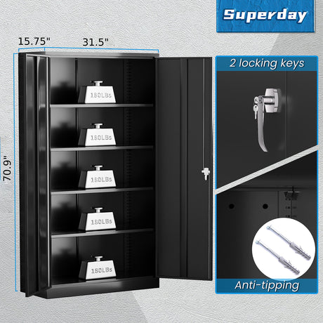 Superday 71" Lockable Steel Storage Cabinet, Locking Metal Storage Cabinets, Tall Black Cabinet with 2 Doors and 4 Adjustable Shelves for Garage, Superday