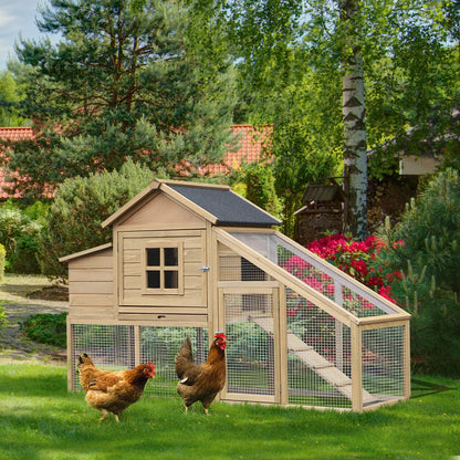 PawHut 69" Wooden Chicken Coop, Poultry Cage Hen House with Connecting Ramp, Removable Tray, Ventilated Window and Nesting Box, Natural - WoodArtSupply