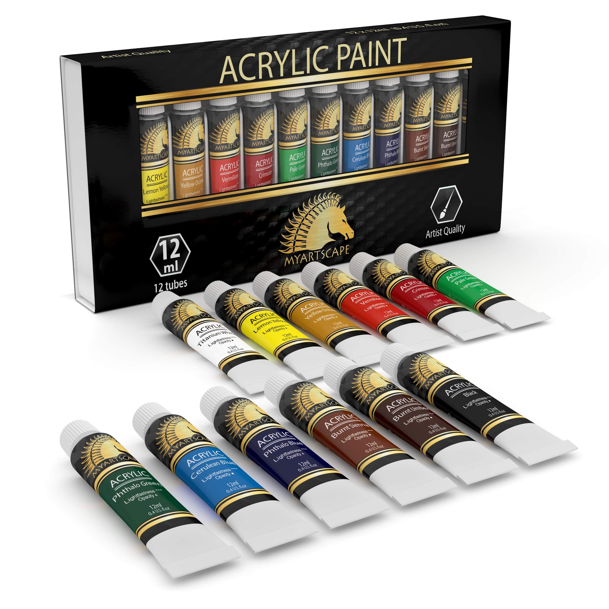 MyArtscape Artist Quality Painting Set - Acrylic Paint - 12 x 12ml Tubes - paired with Short Handle Artist Paintbrushes with Travel Holder - WoodArtSupply