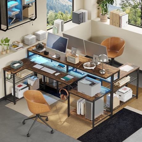 Bestier 71.5 inch Computer Desk with Power Outlets, L Shaped LED Home Office Desk with Long Monitor Stand, Large Corner Desk with Storage Shelf, Cup Bestier