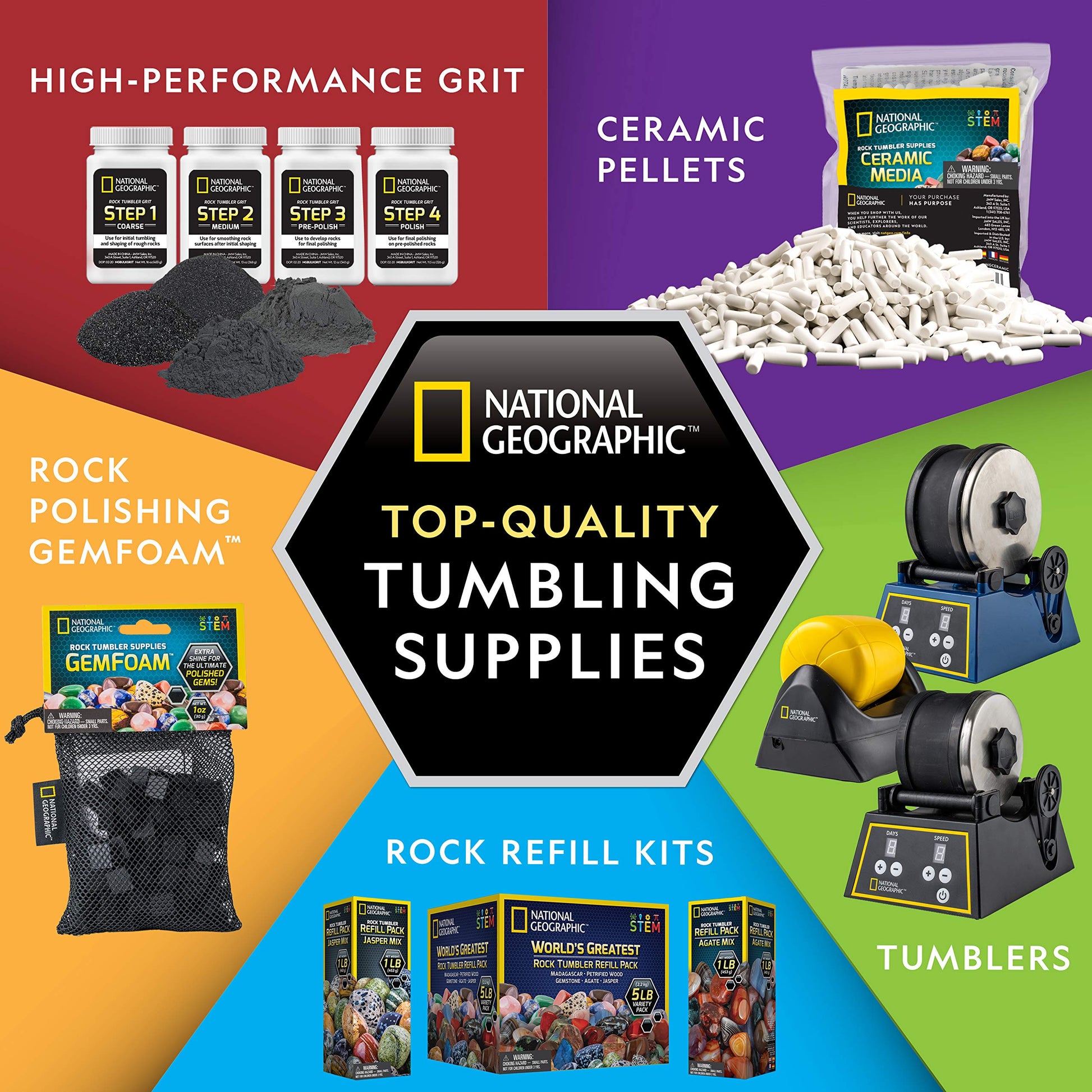 NATIONAL GEOGRAPHIC Rock Tumbler Media – The Ultimate Rock Polishing Supplies Kit, 4 Stage Bulk Grit, 1.5 Pounds of Ceramic Pellets, GemFoam - WoodArtSupply