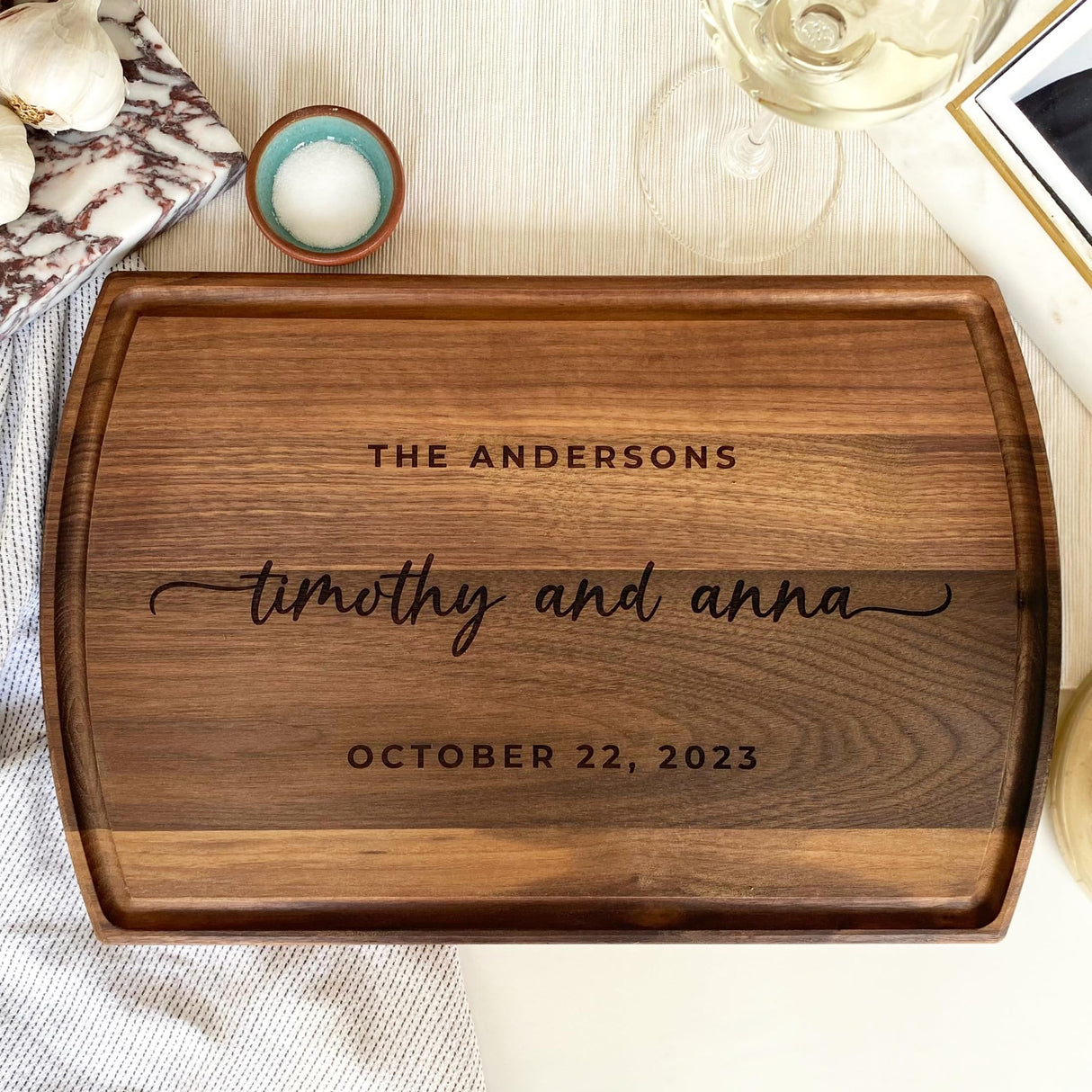 Handmade in USA - Wood Personalized Cutting Board - Unique Wedding Gift Idea for Couples, Anniversary, Christmas, Bridal Shower, Housewarming - Many Maison Custom