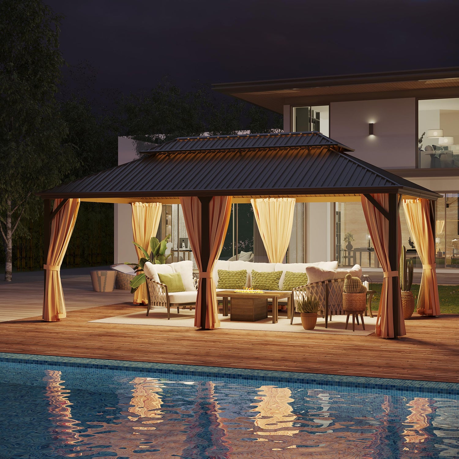 GAZEBEST 12x20 ft Hardtop Gazebo Outdoor Aluminum Patio Gazebo Double Roof Galvanized Steel Gazebo Canopy with Netting and Curtains,for Garden GAZEBEST