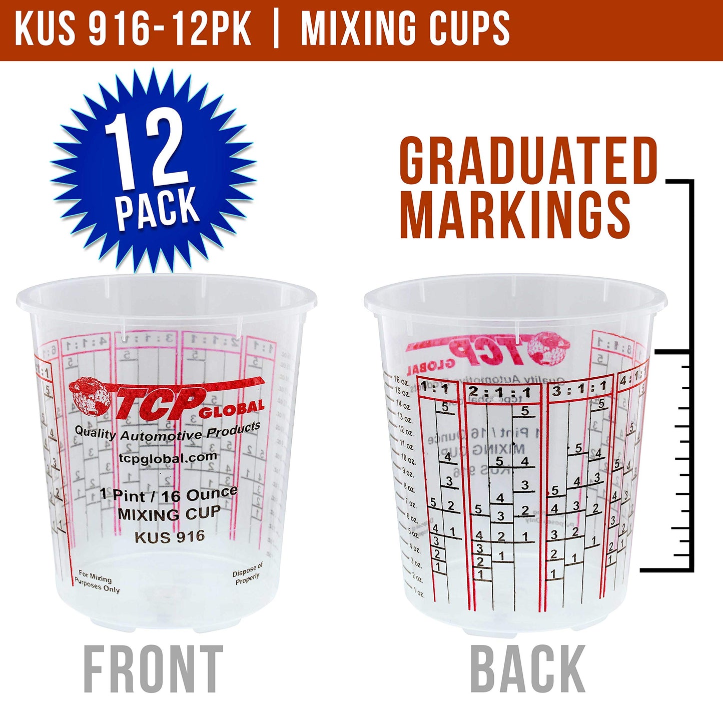 Custom Shop - Pack of 12 Each - 16 Ounce Paint Mixing Cups - 1 Pint - Cups Have calibrated Mixing ratios on Side of Cup - WoodArtSupply