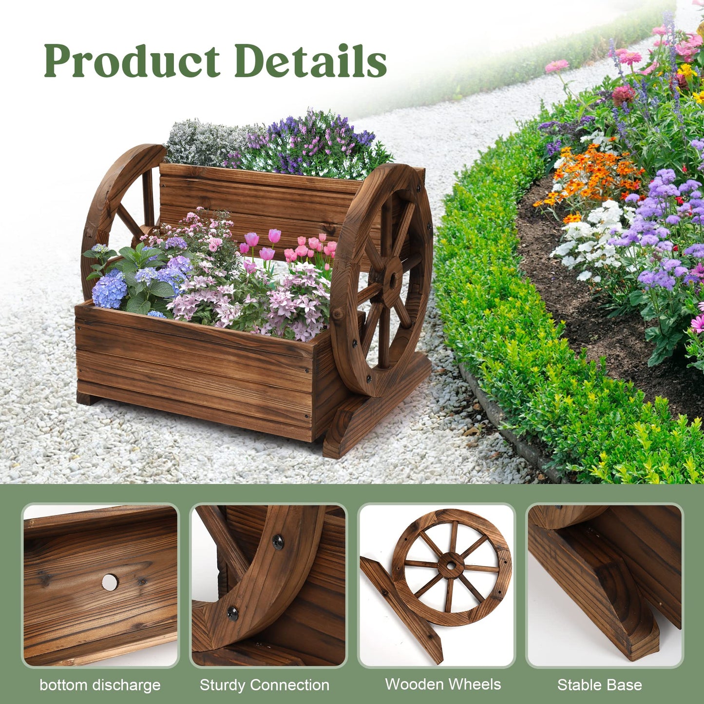 OIPRTGFJ Wooden Wagon Planter Box, Garden Planter with Wheels,Decorative Planter for Flowers Herbs Vegetables for Indoor & Outdoor Décor, Flower Cart