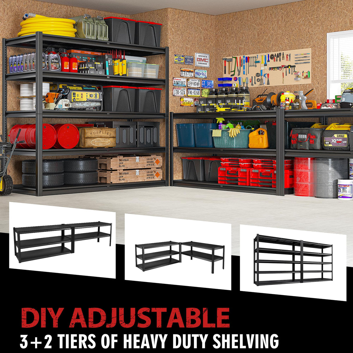 REIBII 55" W Garage Shelving, 3000LBS Garage Storage Shelves Heavy Duty Shelving Adjustable Metal Shelving Unit for Storage Rack Garage Shelves REIBII