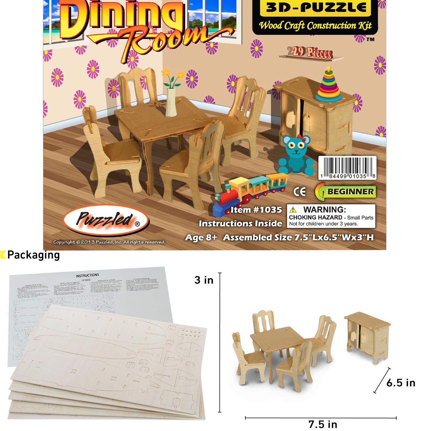 Puzzled 3D Puzzle Dining Room Dollhouse Set Wood Craft Construction Model Kit, Fun & Educational DIY Wooden Toy Assemble Model Unfinished Crafting Puzzled