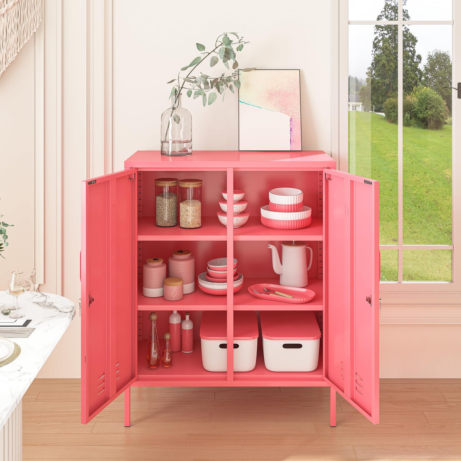 Aiasuit 2 Doors Lockable Metal Storage Cabinet 3 Tiers Shelf Multifunctional Storage Organizer Detachable Shelves Easy to Assemble Red Size: 39.37”H Aiasuit