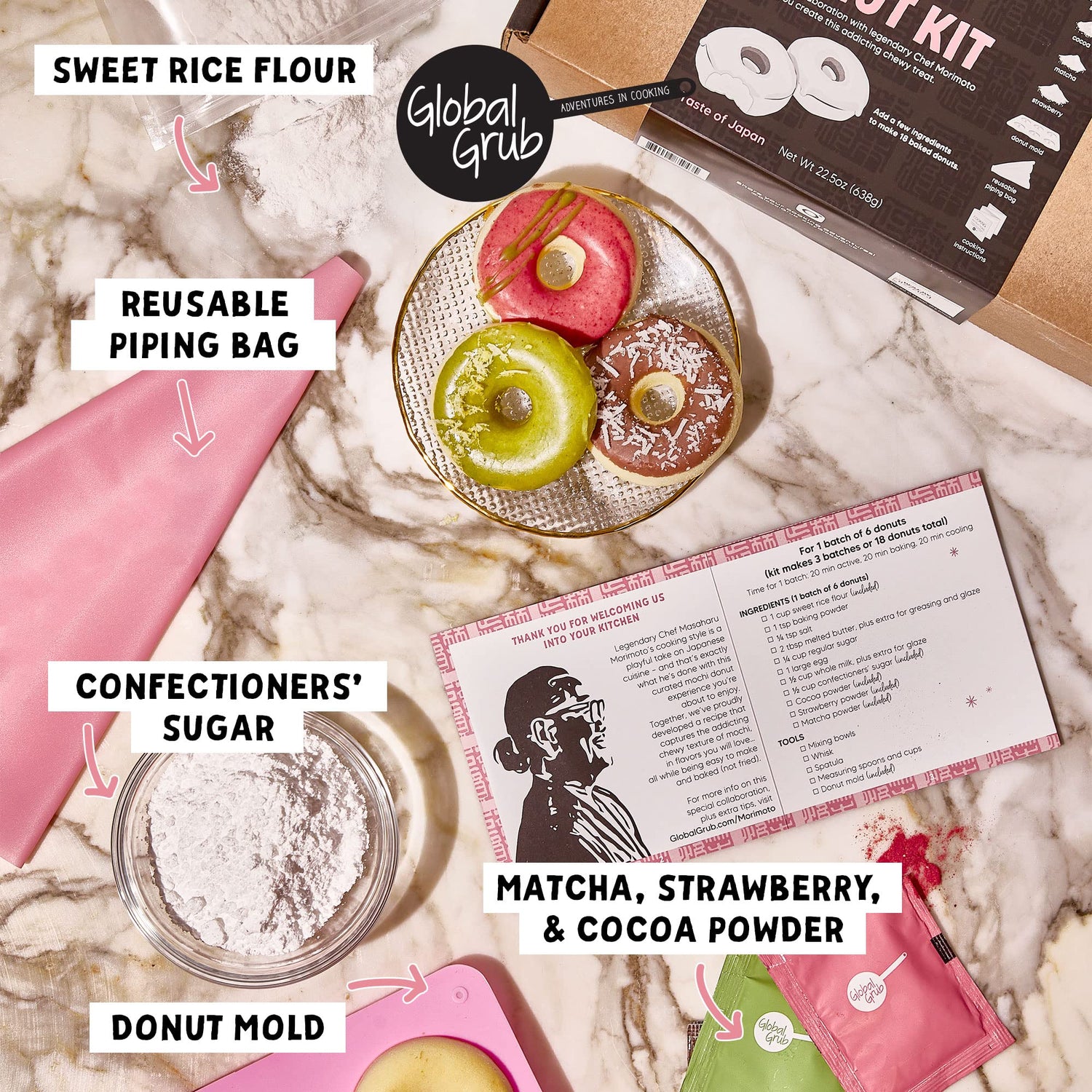 Global Grub DIY Morimoto Mochi Donut Kit - Includes Mochi Donut Mold, Piping Bag, Mochi Flour, Confectioners Sugar, Strawberry, Cocoa & Matcha Green Global Grub