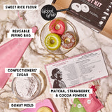 Global Grub DIY Morimoto Mochi Donut Kit - Includes Mochi Donut Mold, Piping Bag, Mochi Flour, Confectioners Sugar, Strawberry, Cocoa & Matcha Green Global Grub