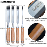 GREBSTK Professional Wood Chisel Set with Oxford Bag for Woodworking, CR-V Steel Chisel, Comfortable Beech Handle Wood Chisel, 4 Piece GREBSTK