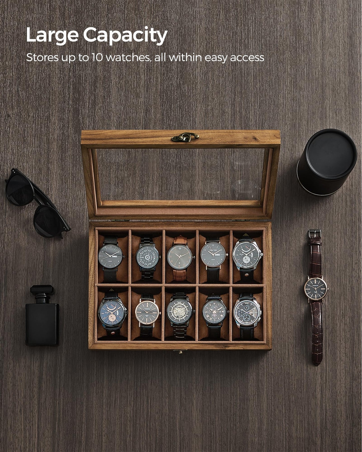 SONGMICS Watch Box, 10-Slot Watch Case, Solid Wood Watch Box Organizer with Large Glass Lid, Watch Display Case with Removable Pillows, Gift for