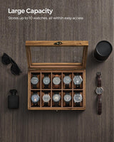 SONGMICS Watch Box, 10-Slot Watch Case, Solid Wood Watch Box Organizer with Large Glass Lid, Watch Display Case with Removable Pillows, Gift for SONGMICS