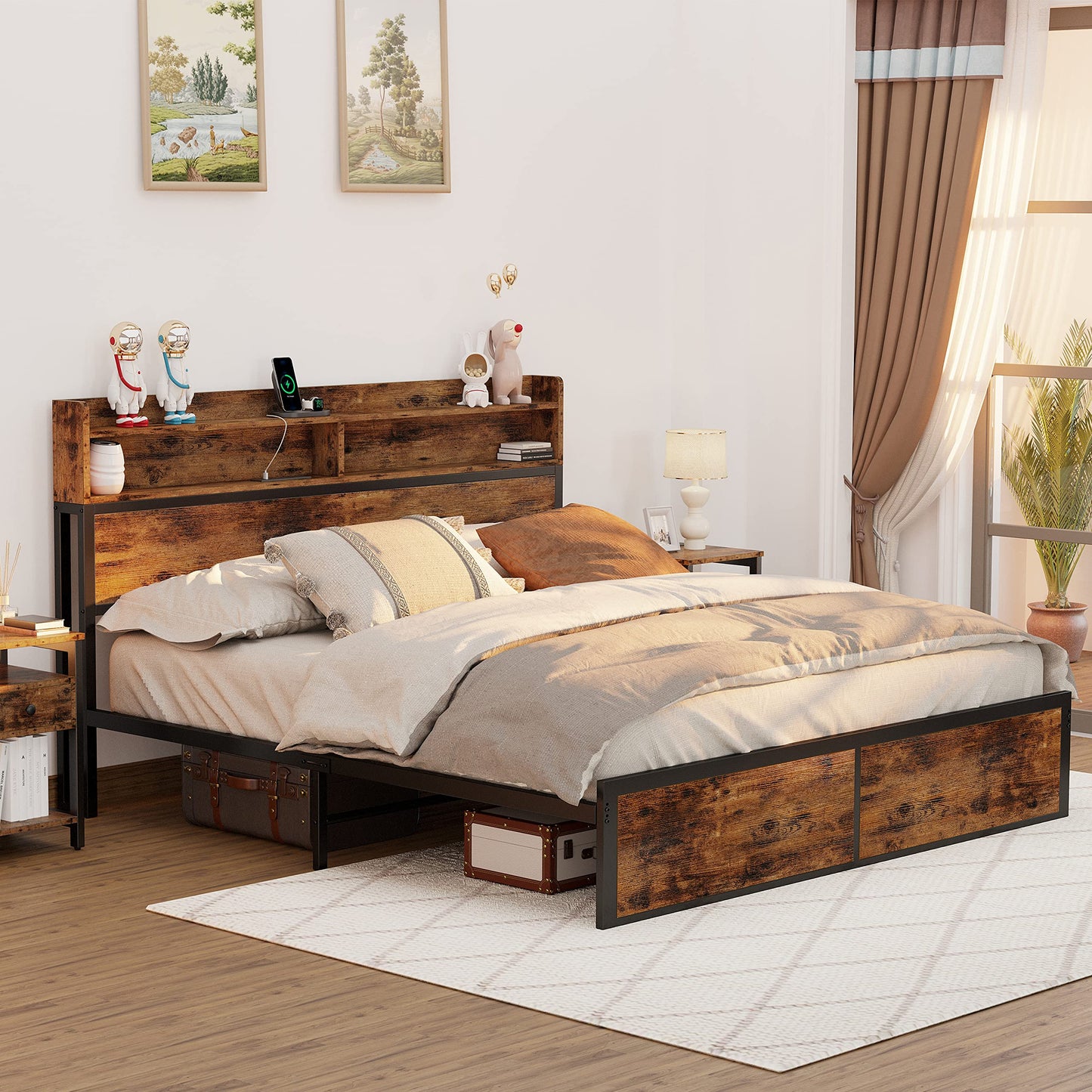 IRONCK Vintage Brown Queen Bed Frame with Bookcase Headboard and Charging Station - WoodArtSupply