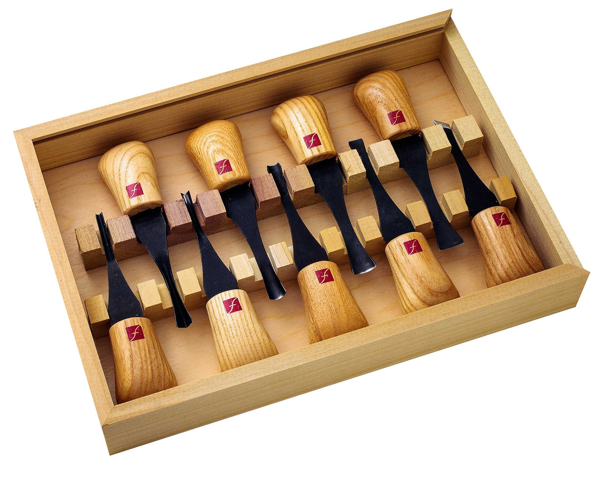 FLEXCUT Carving Tools, Deluxe Palm Gouges, Ash Hardwood Handles and Carbon Steel Blades, Set of 9 (FR405) FLEXCUT