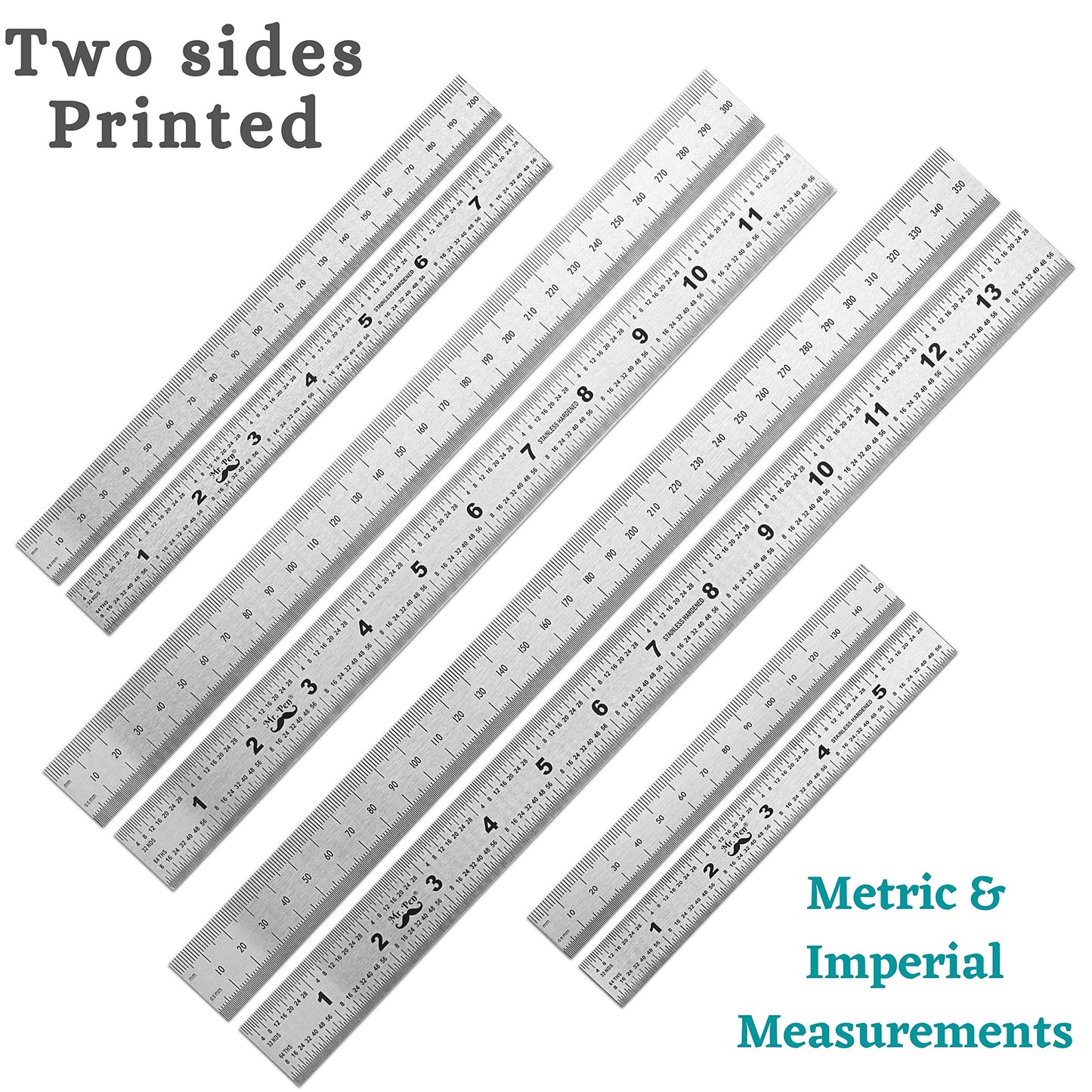 Mr. Pen- Machinist Ruler, 4 Pack (6, 8, 12, 14 inch), Metric Ruler, Millimeter Ruler, (1/64, 1/32, mm and .5 mm), 6 inch Ruler, Stainless Steel Ruler - WoodArtSupply