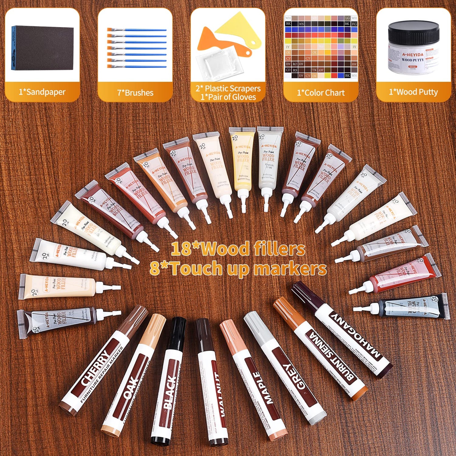 Wood Floor Scratch Repair - Set of 39 - Hardwood Floor Repair Kit Wood Filler Putty, Wood Markers Furniture Repair Kit Touch Up Pens for Scratch A-HEYIDA