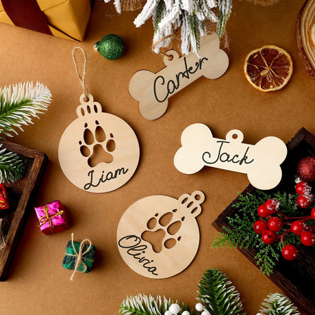 48 Pieces Christmas Dog Paw Wooden Ornaments Hanging Personalized Dog Ornaments Dog Bone Ornaments Pet Memorial Blank Ornaments Pet Name Tags with Jetec