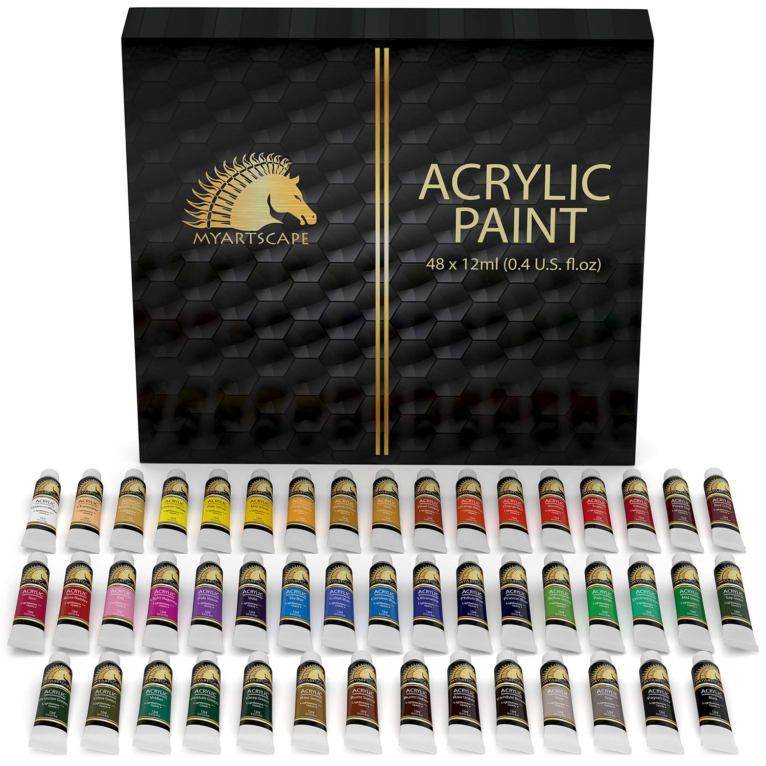 MyArtscape Acrylic Paint Set - 48 x 12ml Tubes - Lightfast - Heavy Body - Non Fading - Vibrant Colors - Artist Quality Painting Supplies - MyArtscape