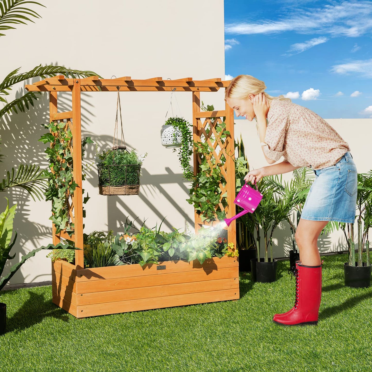 Giantex Raised Garden Bed with Trellis, Wood Planter Box with Roof & Side Trellis, Drain Holes, Elevated Raised Bed with Trellis for Climbing Plant - WoodArtSupply