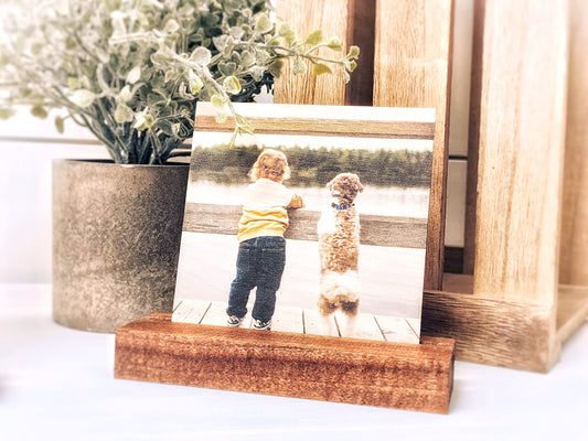 Your Photo on Wood with a Stained Wood Stand | Personalized Photo Frame | Popular Wedding Gift, Boyfriend Gift, Girlfriend Gift, and Birthday Gift - WoodArtSupply