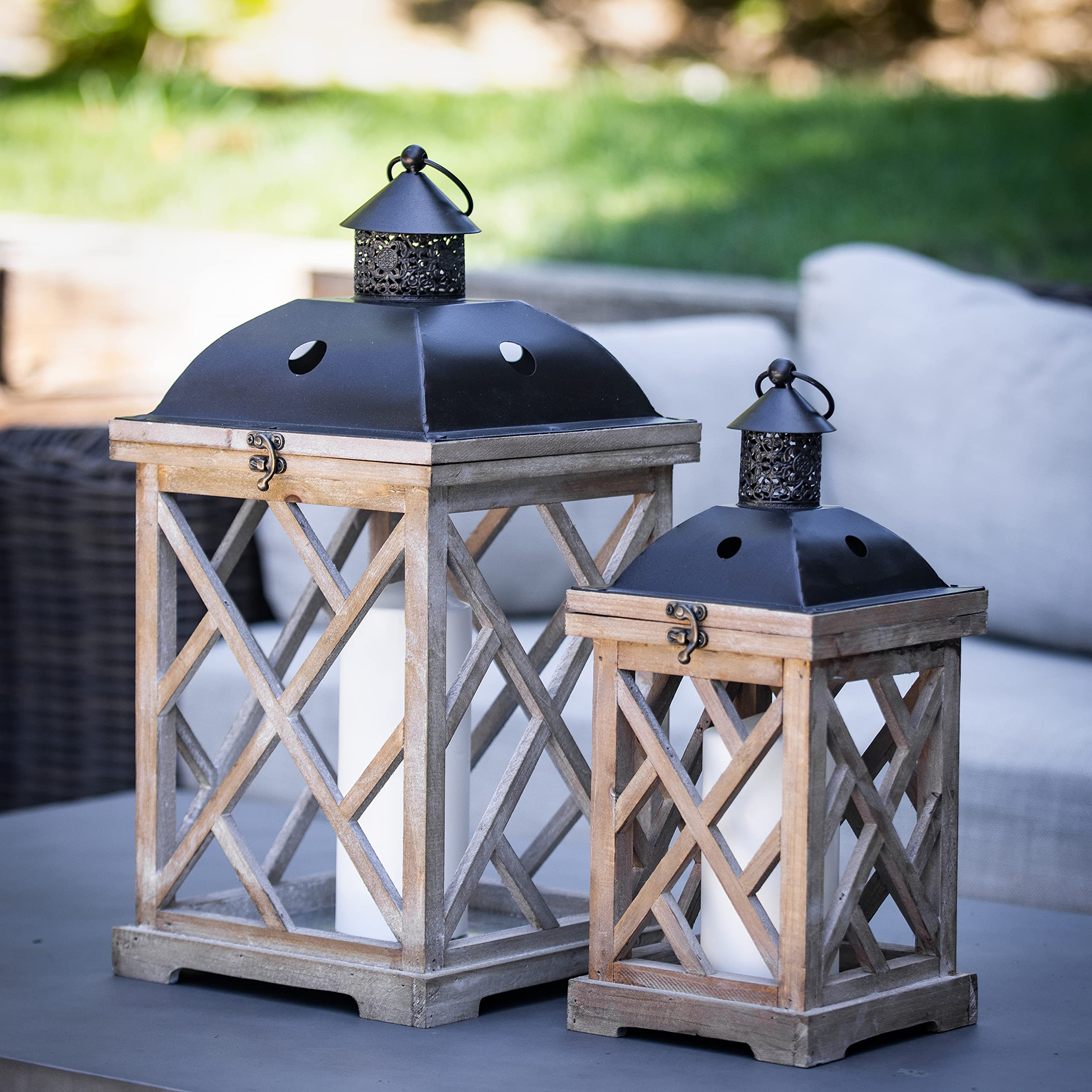 Stonebriar Decorative Wooden Hurricane Candle Lantern Set - Thumbnail 4