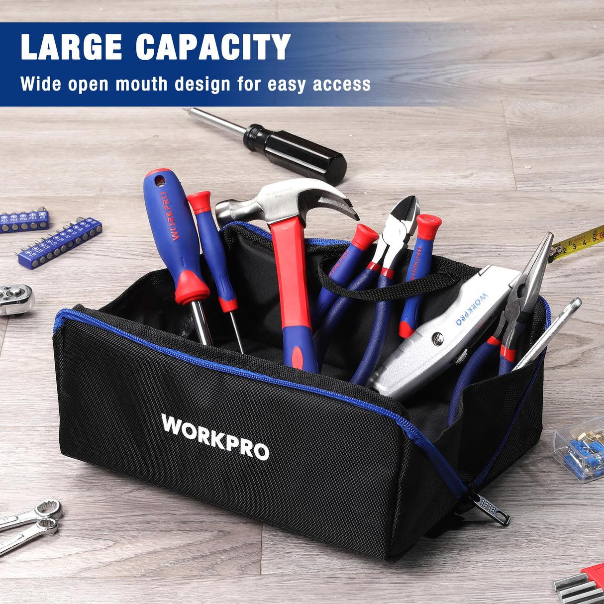 WORKPRO 10" Wide Mouth Utility Tool Bag with Zipper, Heavy Duty Tool Storage Bag, Multipurpose Zipper Tool Pouch Tote Bag for Organizer 3-pack WORKPRO