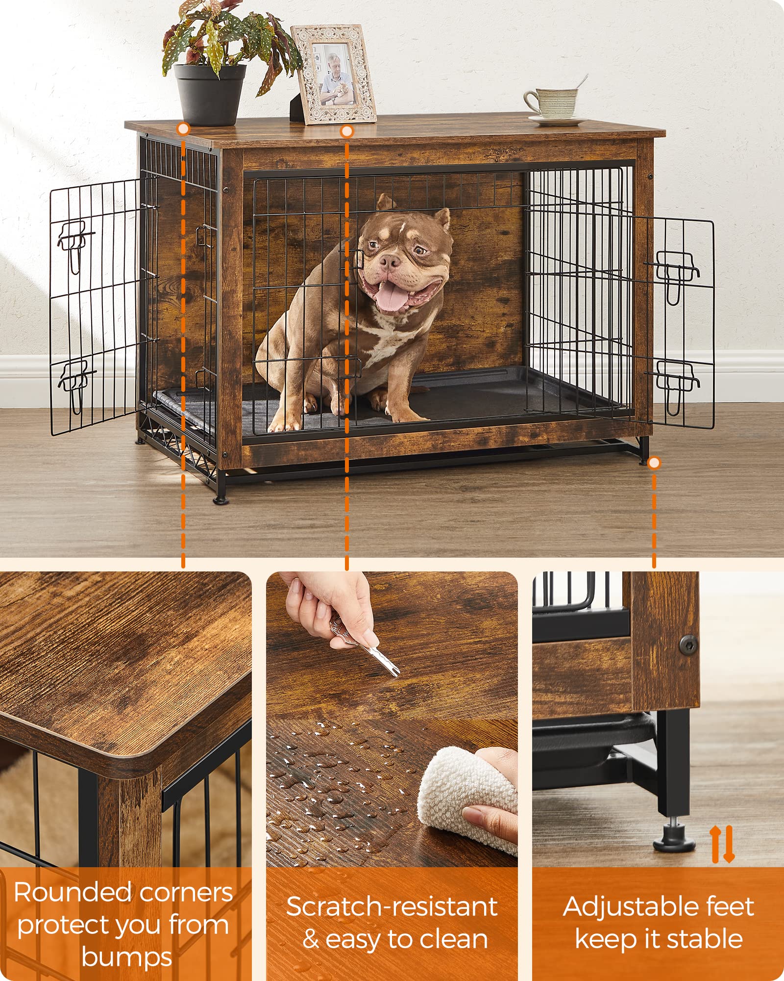 Feandrea Dog Crate Furniture, Side End Table, Modern Kennel for Dogs Indoor up to 70 lb, Heavy-Duty Dog Cage with Multi-Purpose Removable Tray, - WoodArtSupply